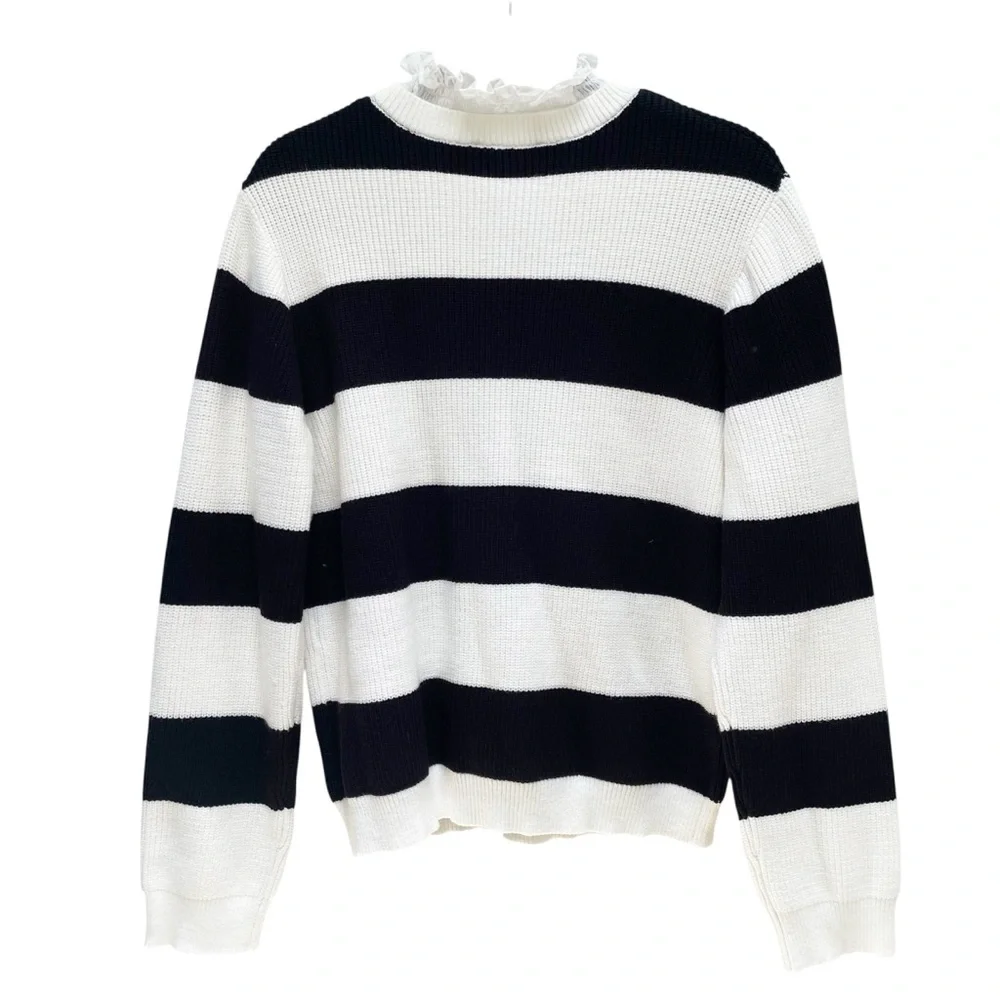 ANTHROPOLOGIE Ruffle Collar Sweater White Black Striped Pullover Medium NWT - Picture 10 of 13